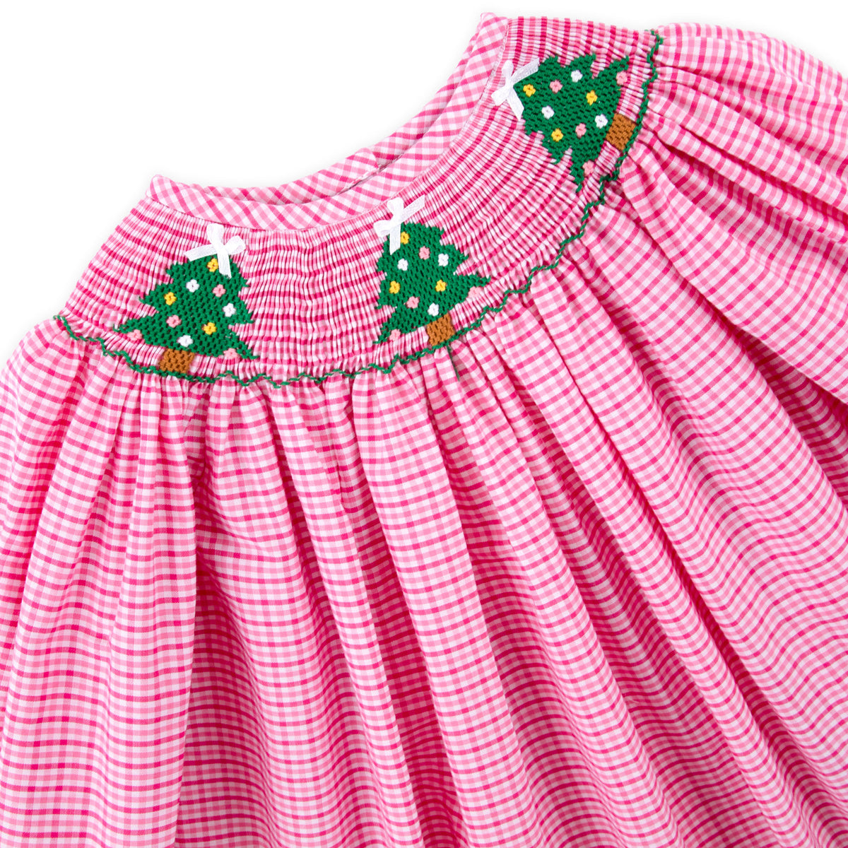 Christmas Tree Sparkle Smocked Pink Plaid Long Sleeve Bishop Dress