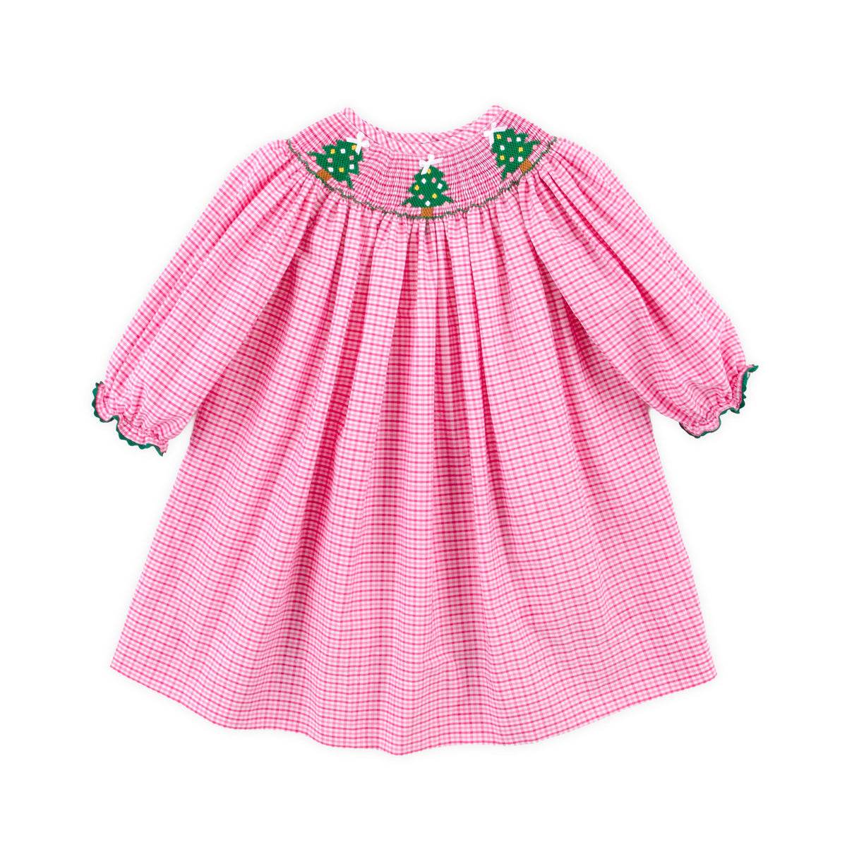 Christmas Tree Sparkle Smocked Pink Plaid Long Sleeve Bishop Dress