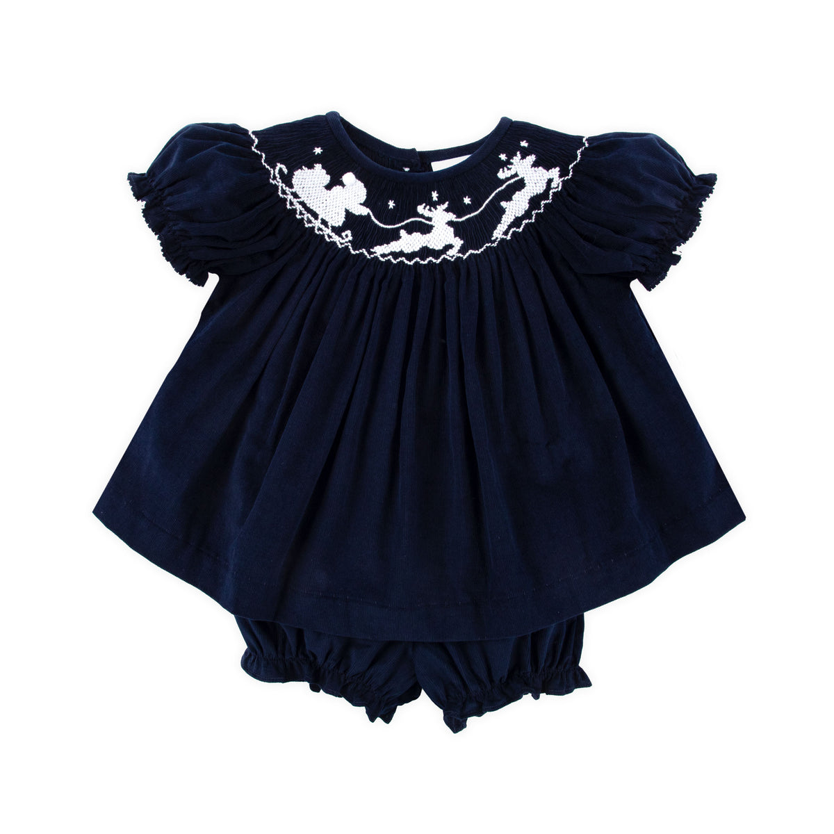 Smocked Santa Sleigh Bloomer Set Navy Corduroy