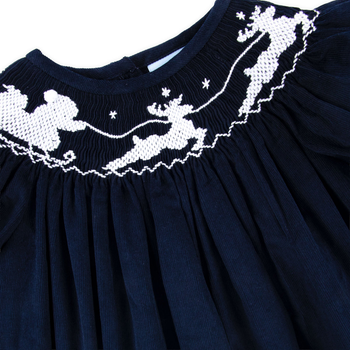 Santa Sleigh Smocked Bishop Navy Corduroy