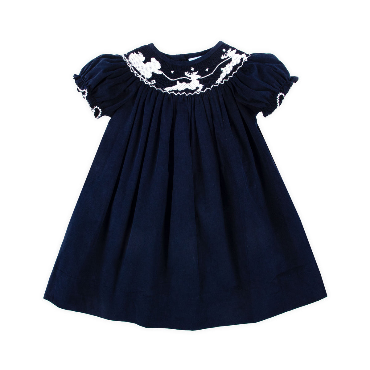 Santa Sleigh Smocked Bishop Navy Corduroy