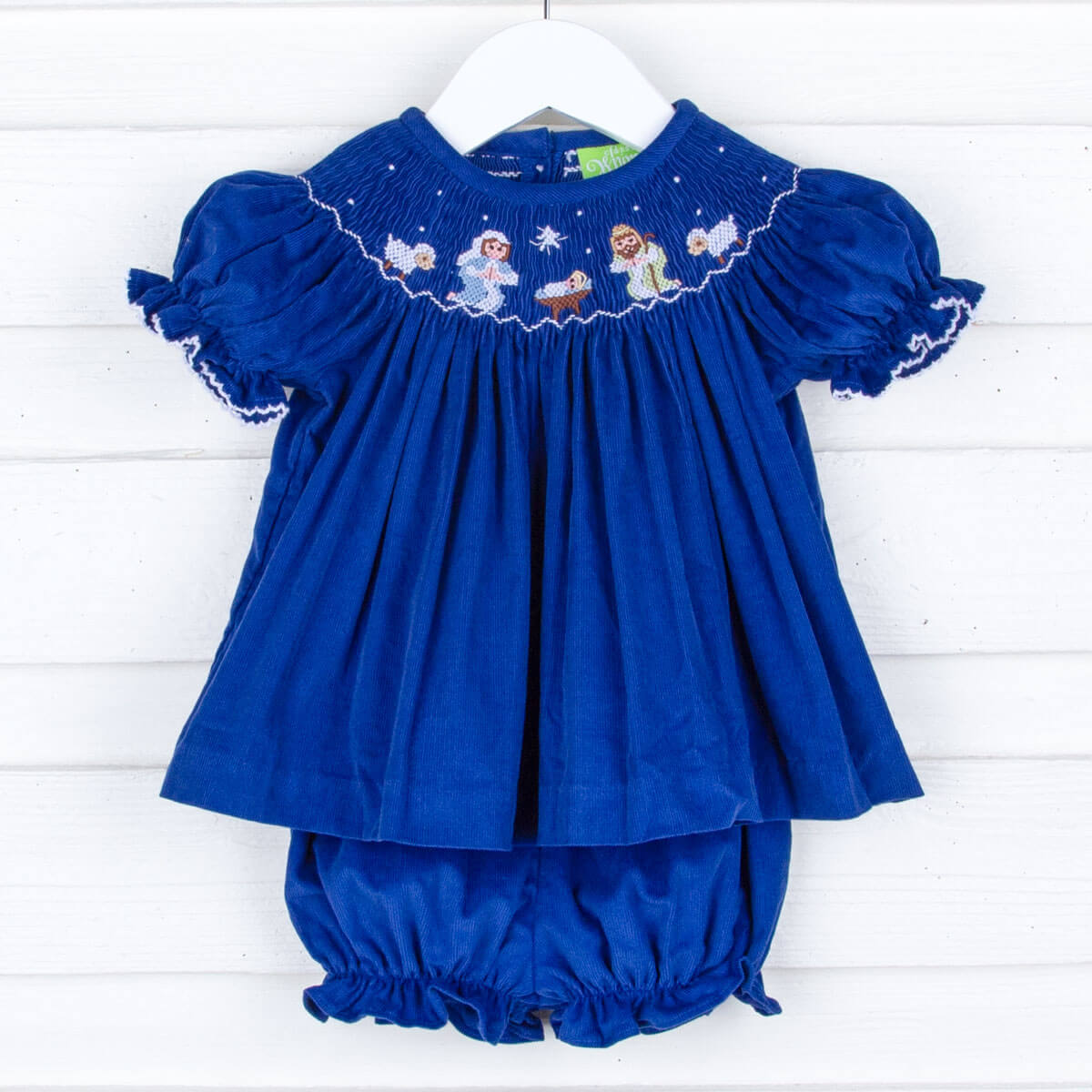 Smocked Nativity Bloomer Set Royal Blue Corduroy