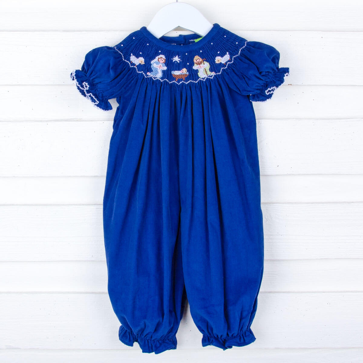 Smocked Nativity Long Bubble Royal Blue Corduroy