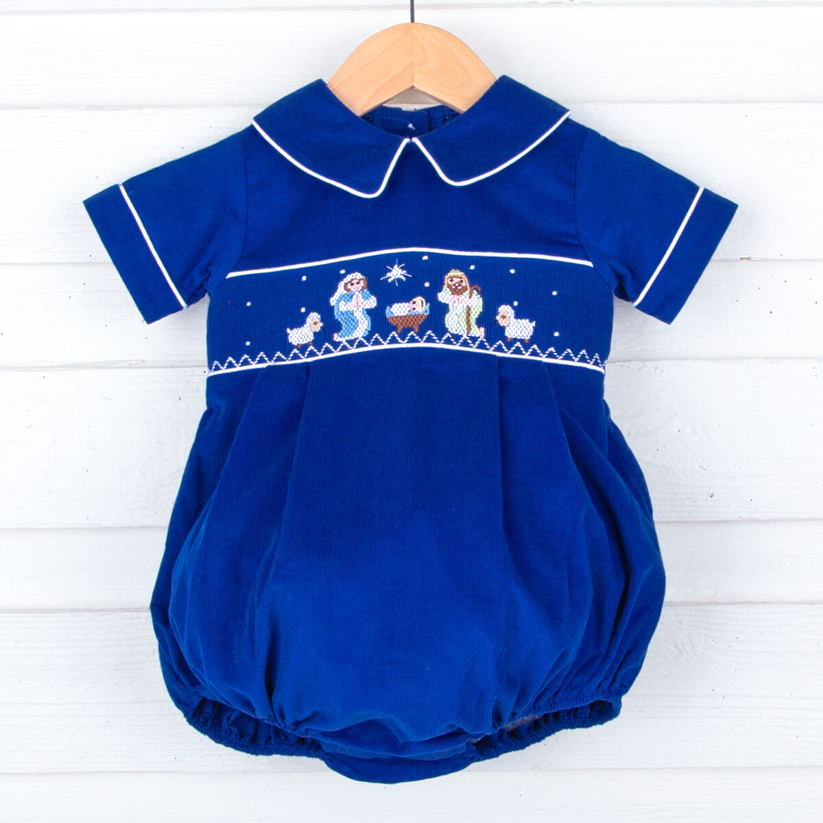 Smocked Nativity Collared Bubble Royal Blue Corduroy