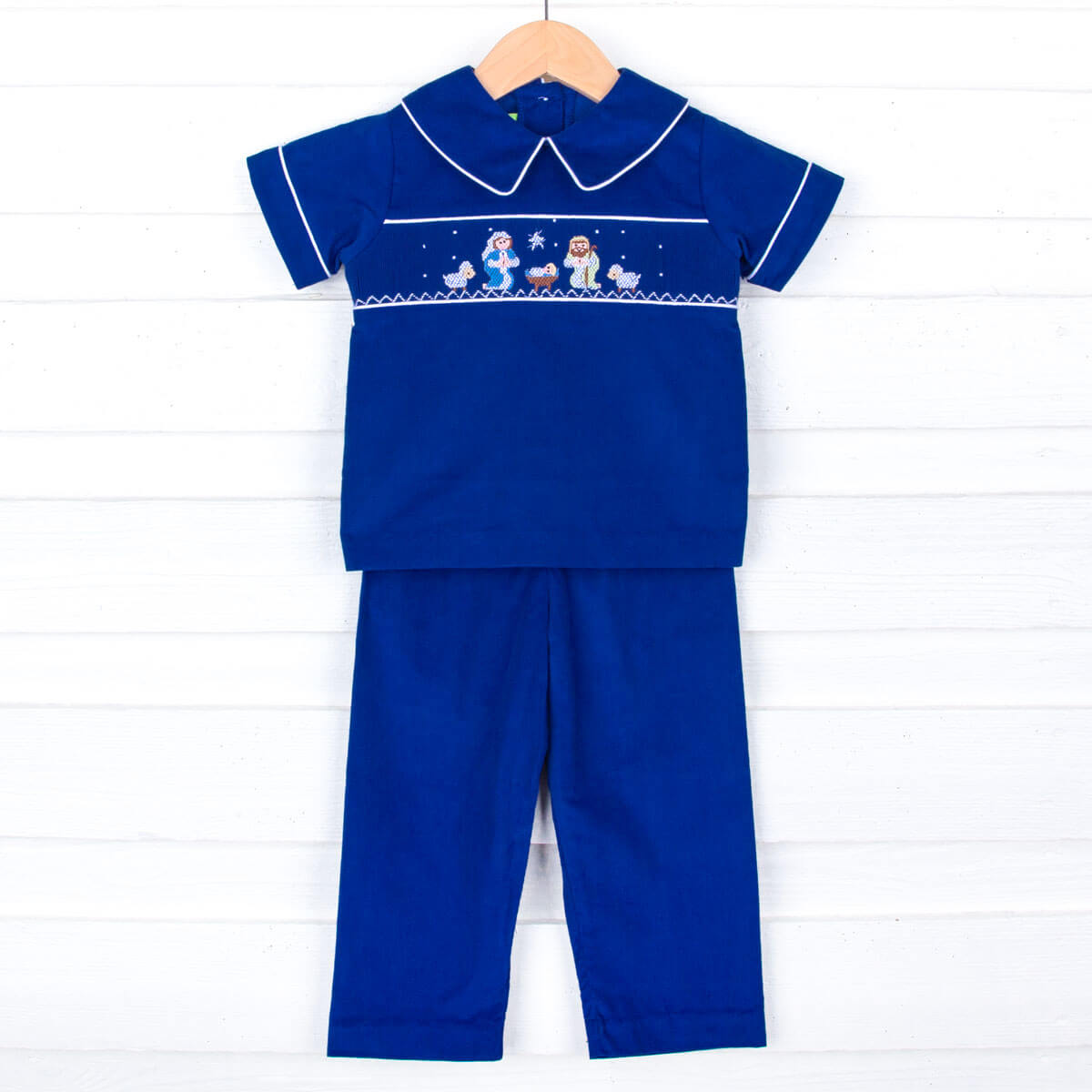 Nativity Smocked Collared Pant Set Royal Blue Corduroy