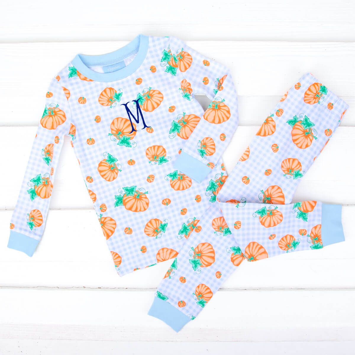 Pumpkin Print Light Blue Gingham Pajamas