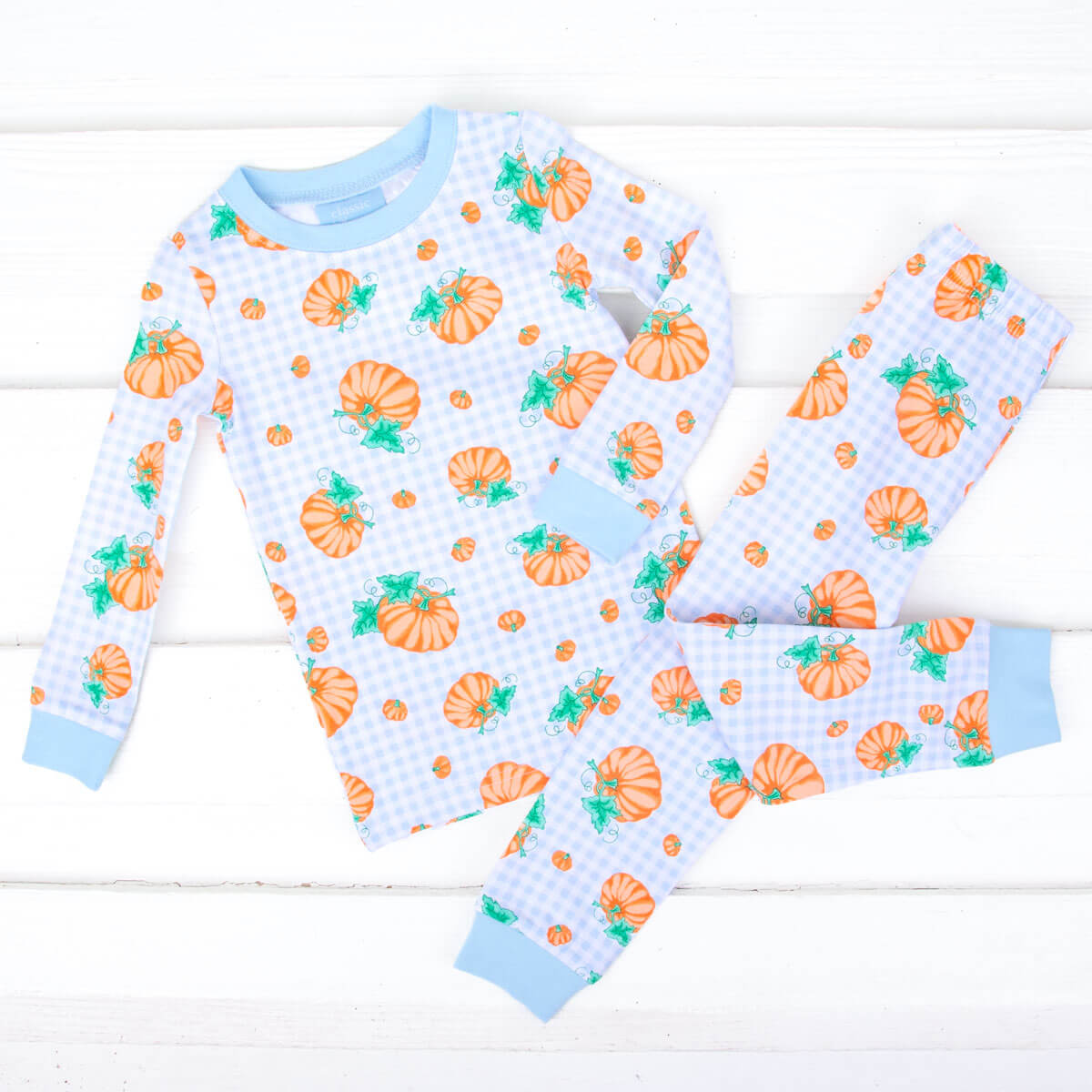 Pumpkin Print Light Blue Gingham Pajamas
