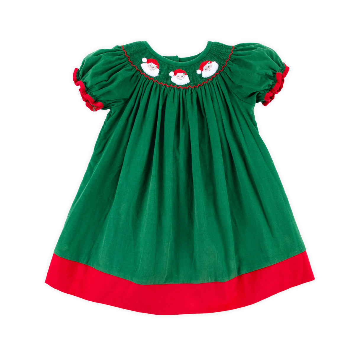 Santa Face Smocked Green Bishop Dress