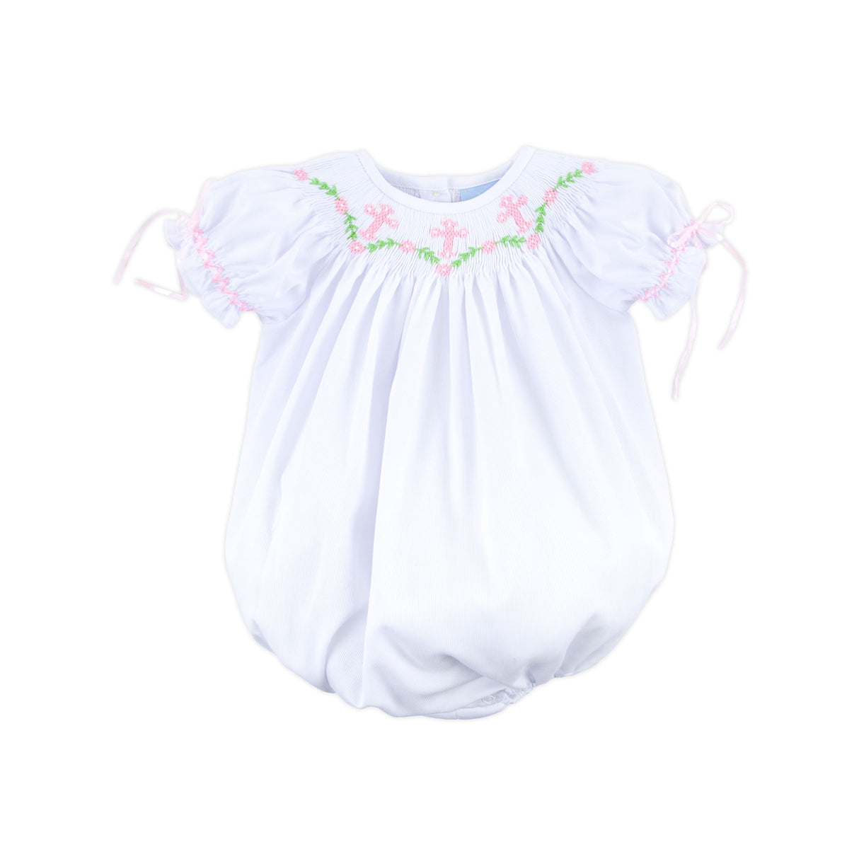 Cross and Vine Smocked White Bubble