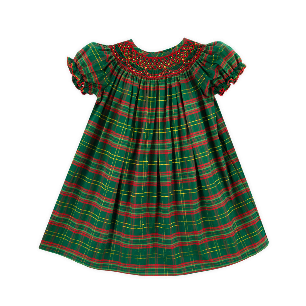 Geometric Smocked Christmas Green Plaid Dress