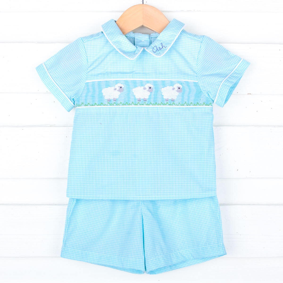 Baby Lamb Mint Smocked Collared Short Set