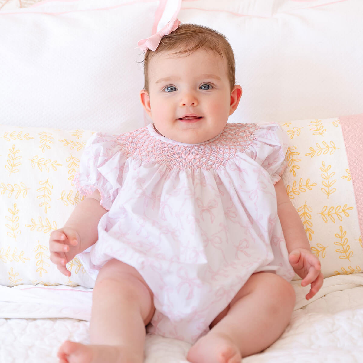 Bella's Bows Pink & White Smocked Bubble