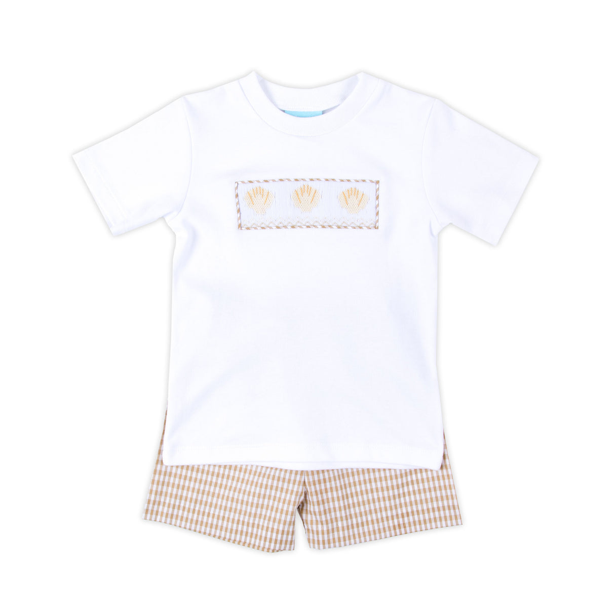 Seashells Smocked Tan Gingham Short Set
