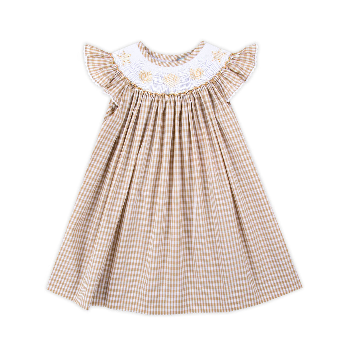 Seashells Smocked Tan Gingham Dress