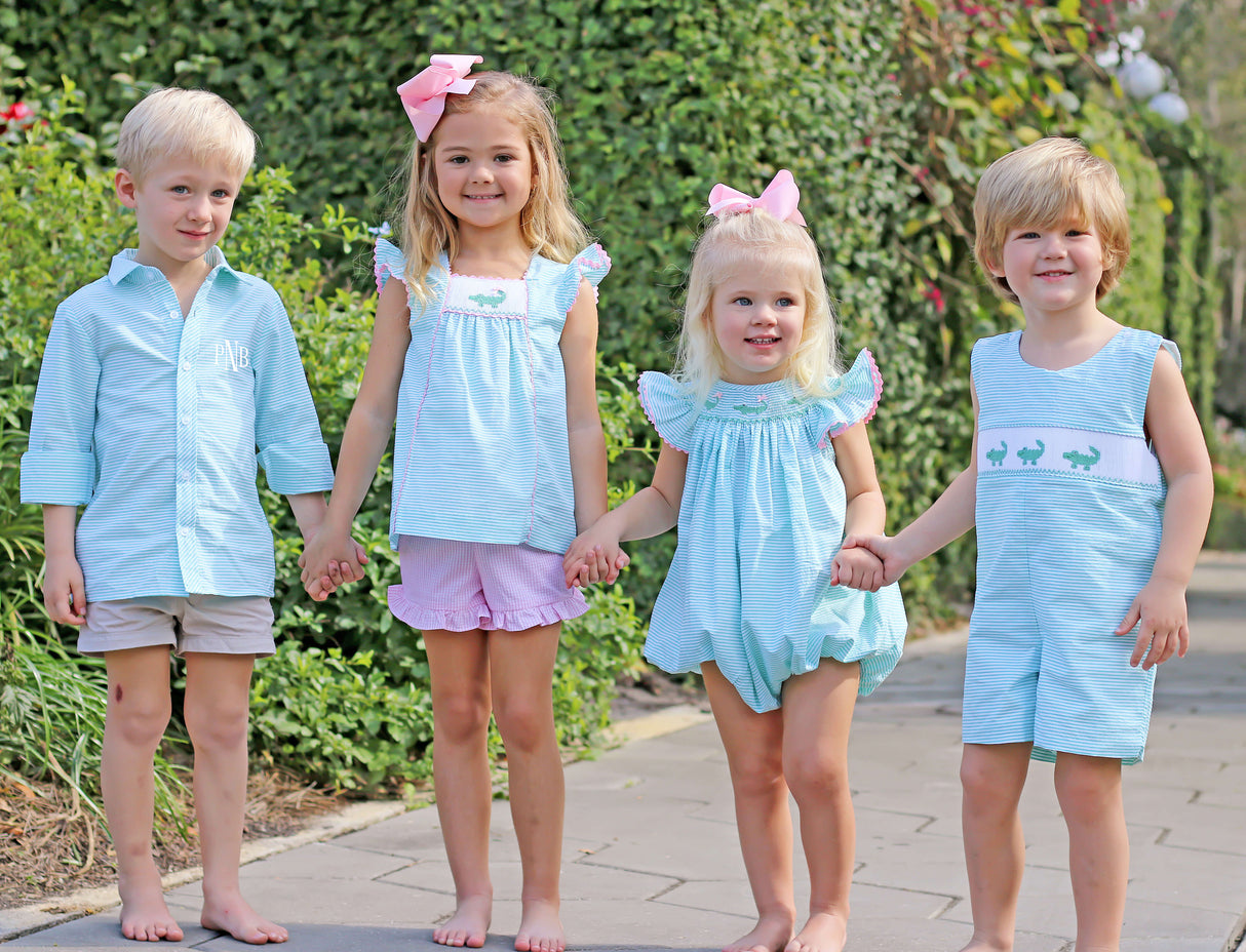 Green Seersucker Alligator Smocked Short Set