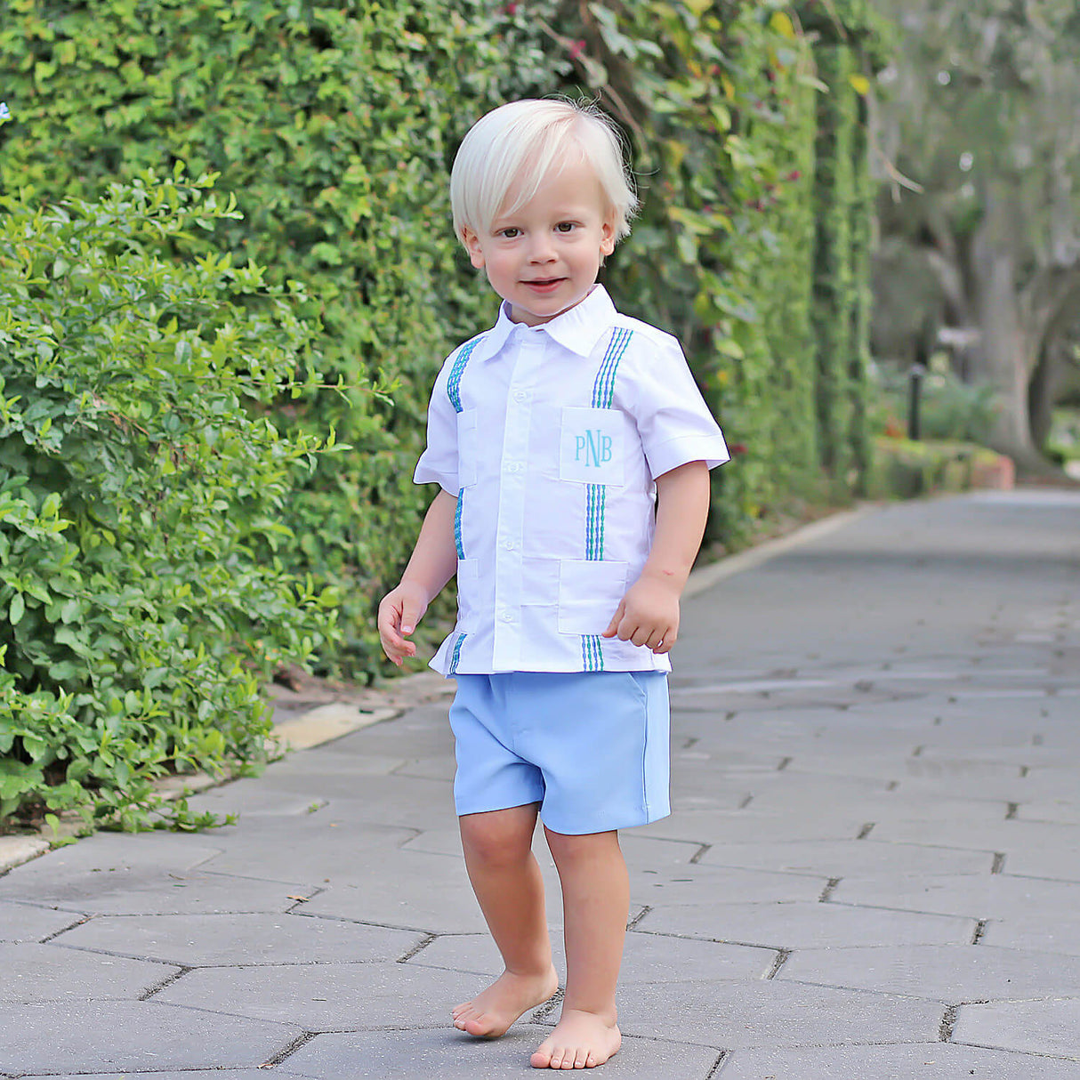 White with Blue & Green Embroidered Guayabera Shirt