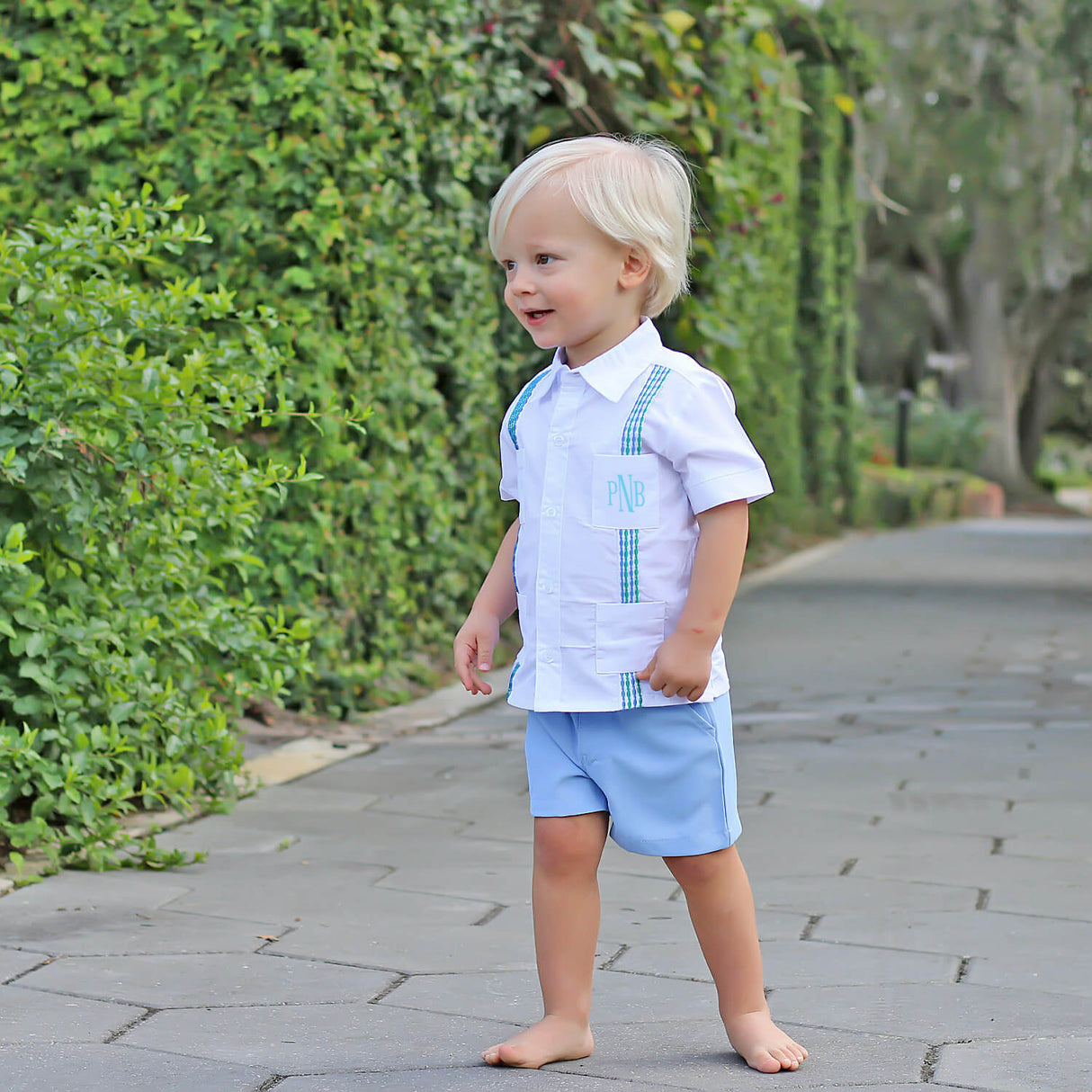 White with Blue & Green Embroidered Guayabera Shirt