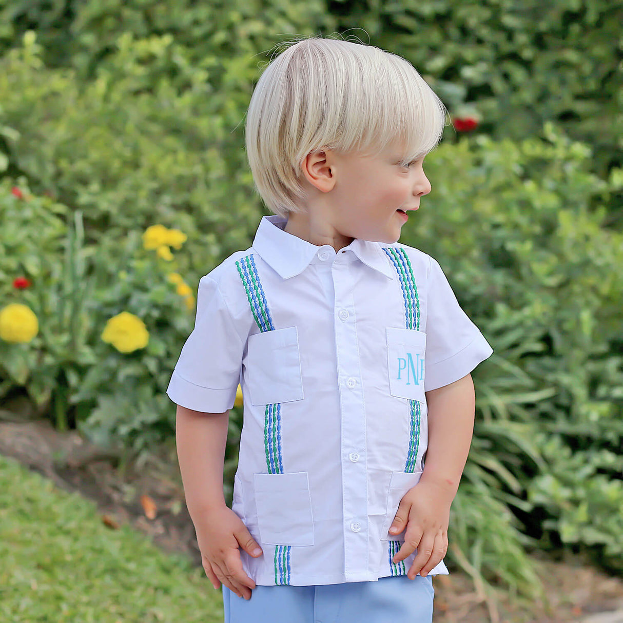 White With Blue And Green Embroidered Guayabera Shirt