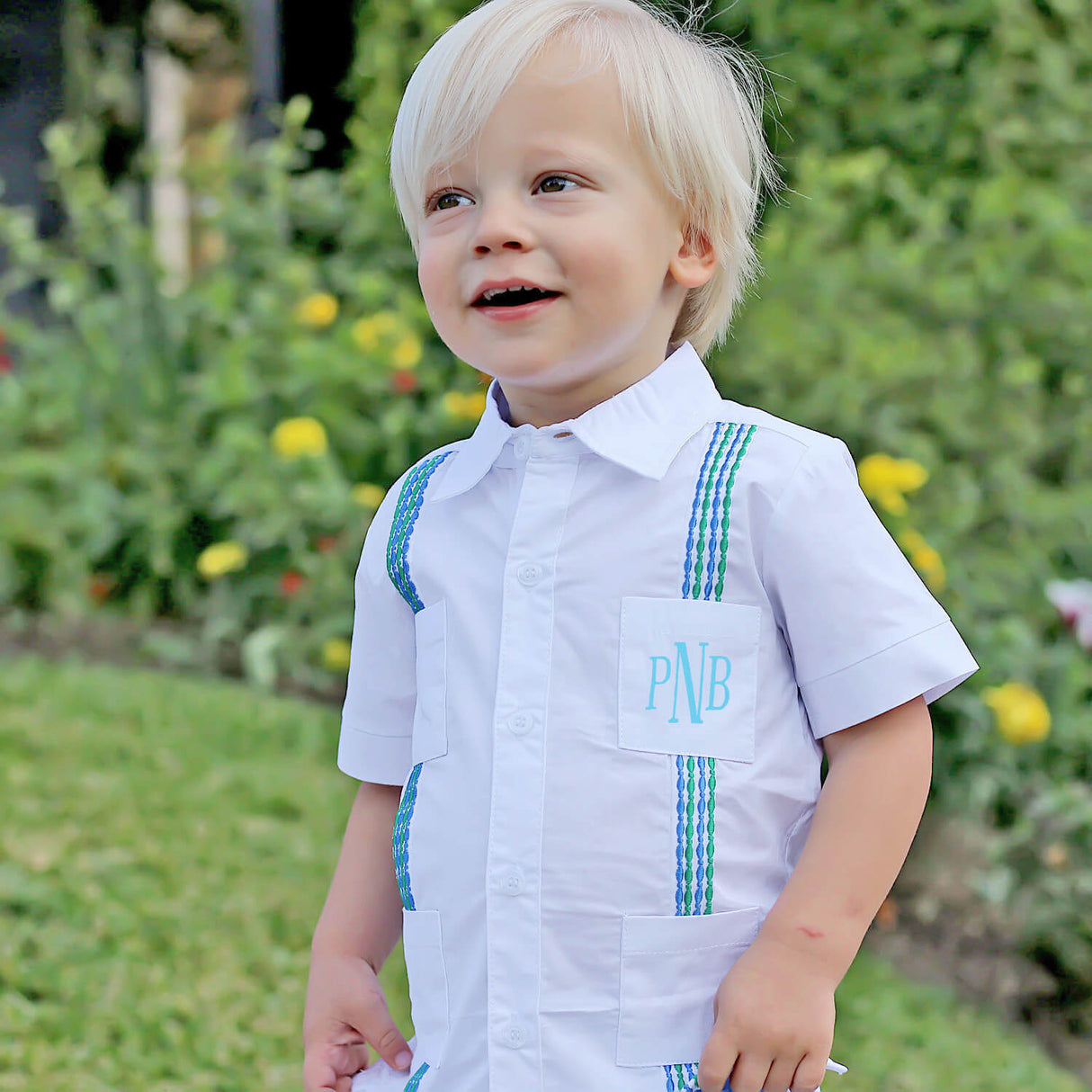 White With Blue And Green Embroidered Guayabera Shirt