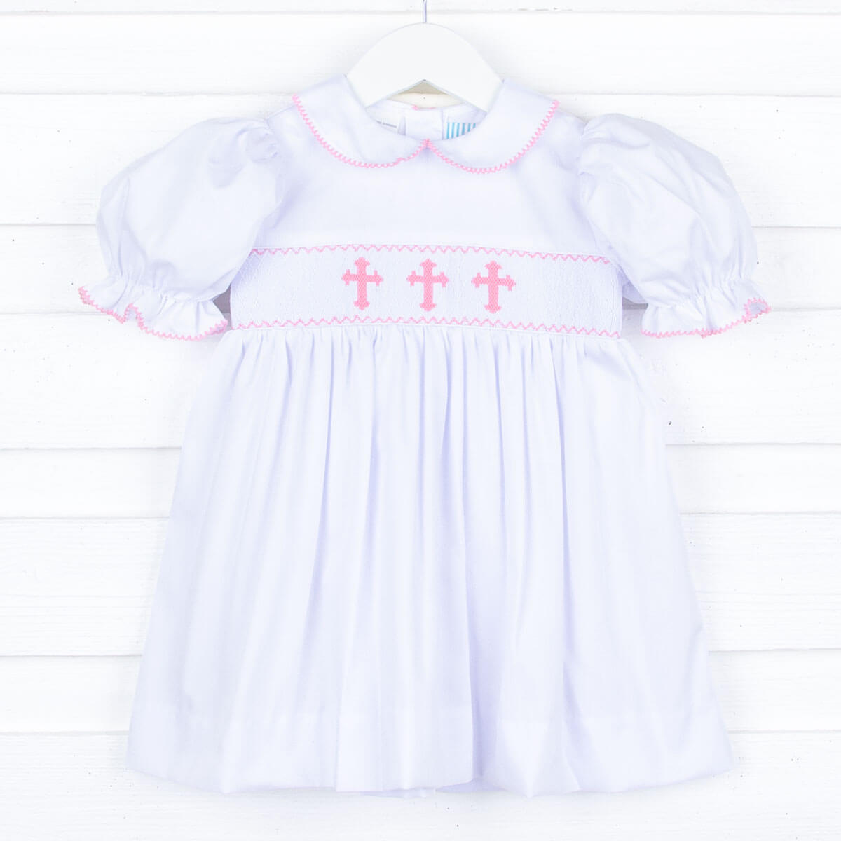 Pink Cross Smocked White Dress