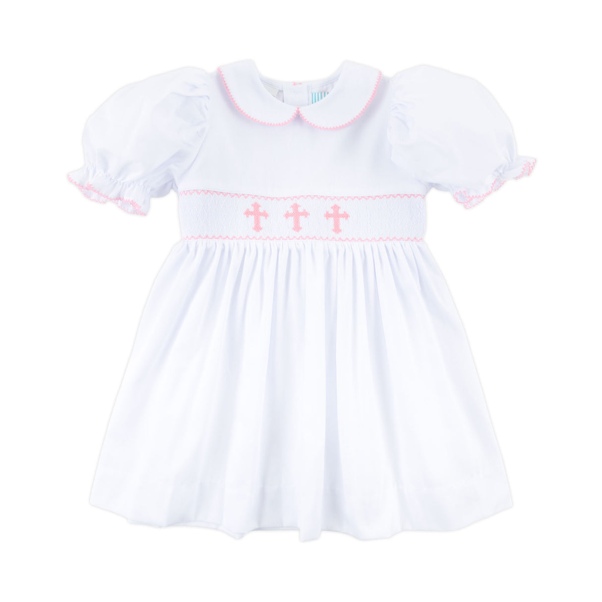 Pink Cross Smocked White Collared Dress