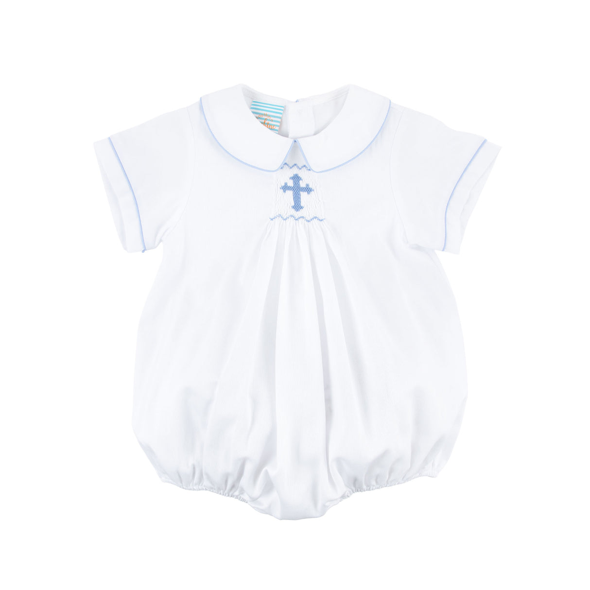 Blue Cross Single Smocked White Pique Boy Bubble