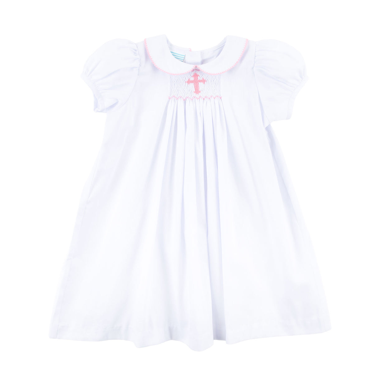 Pink Cross Single Smocked White Pique Dress