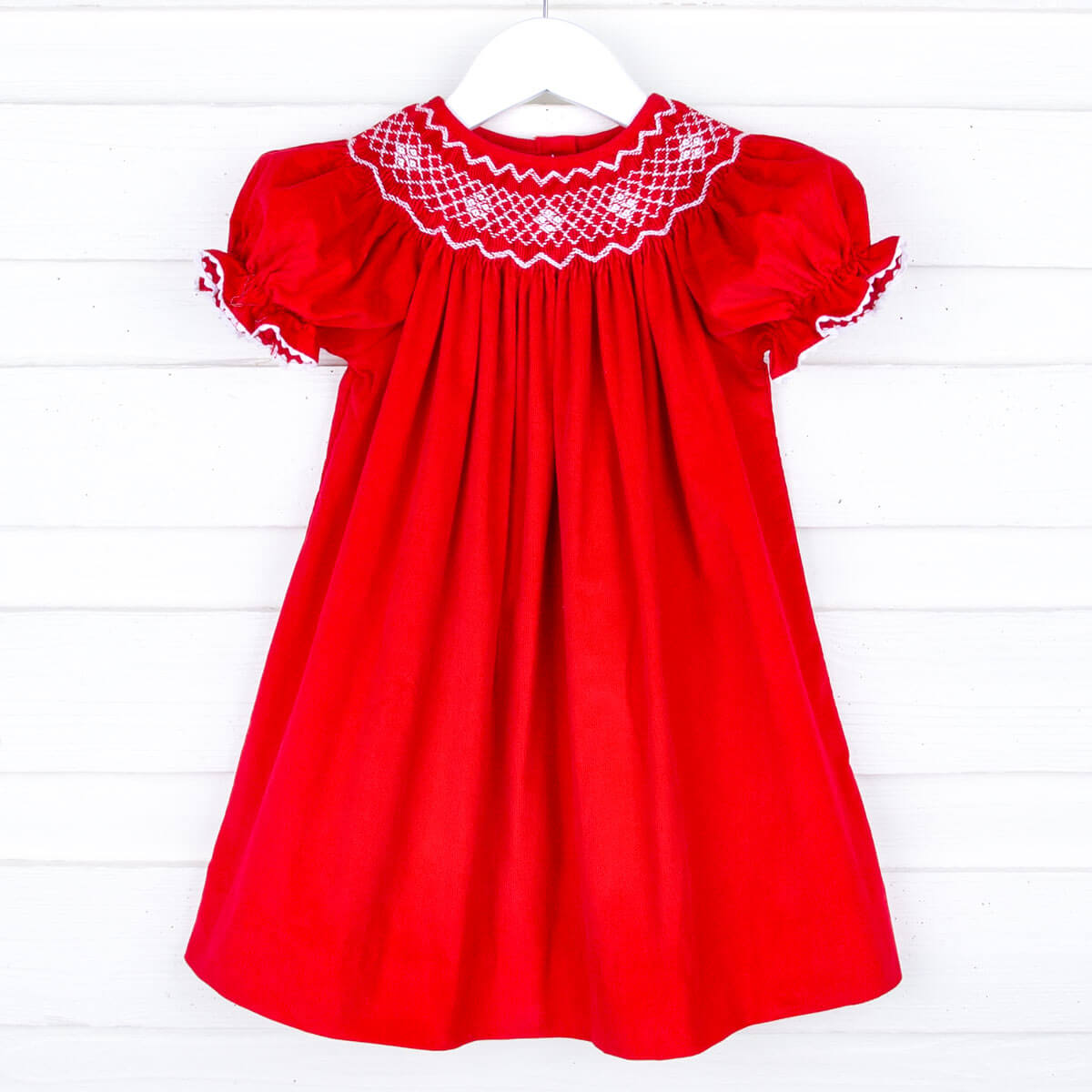 Red Corduroy Smocked Geo Bishop Dress