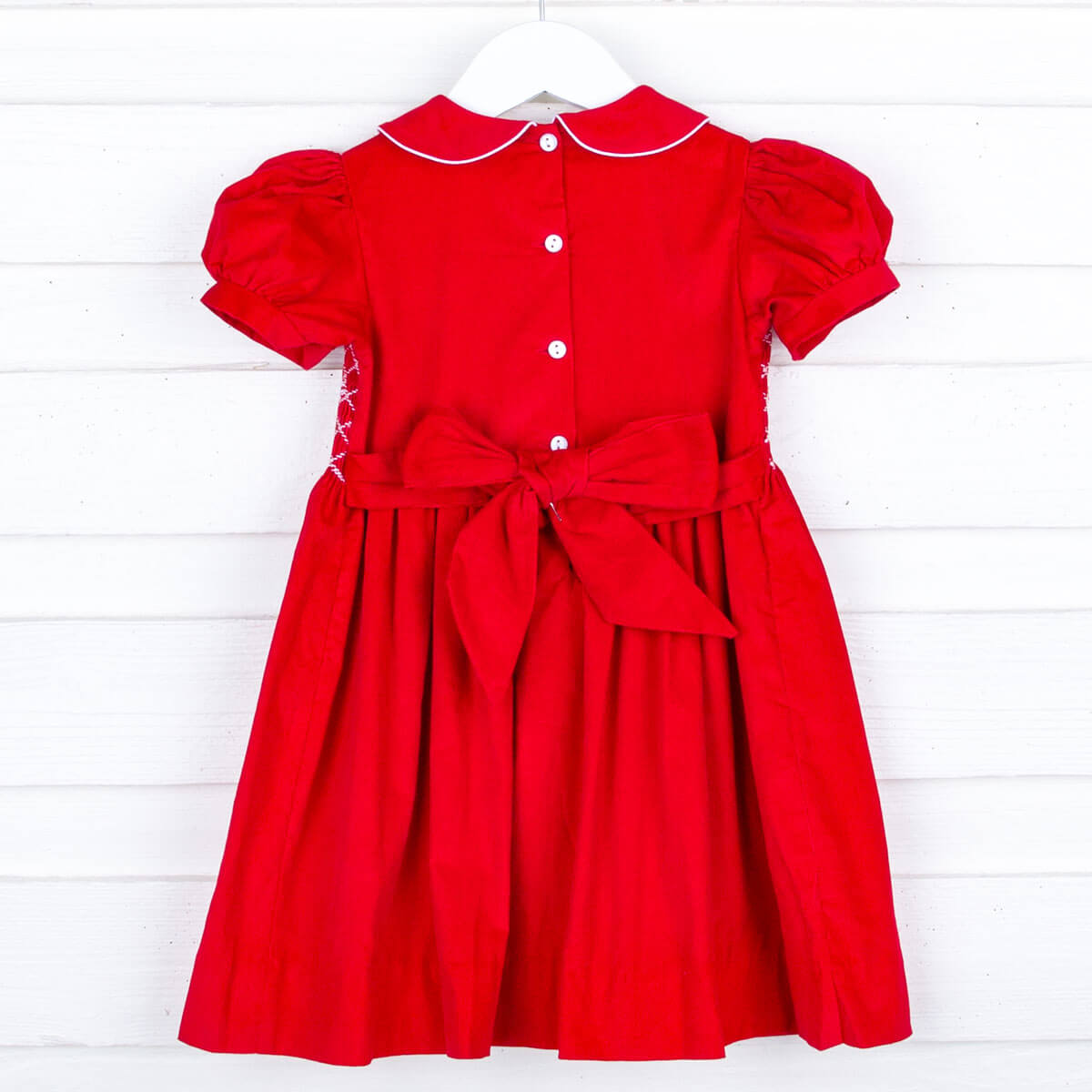 Red Corduroy Smocked Geo Collared Bishop Dress