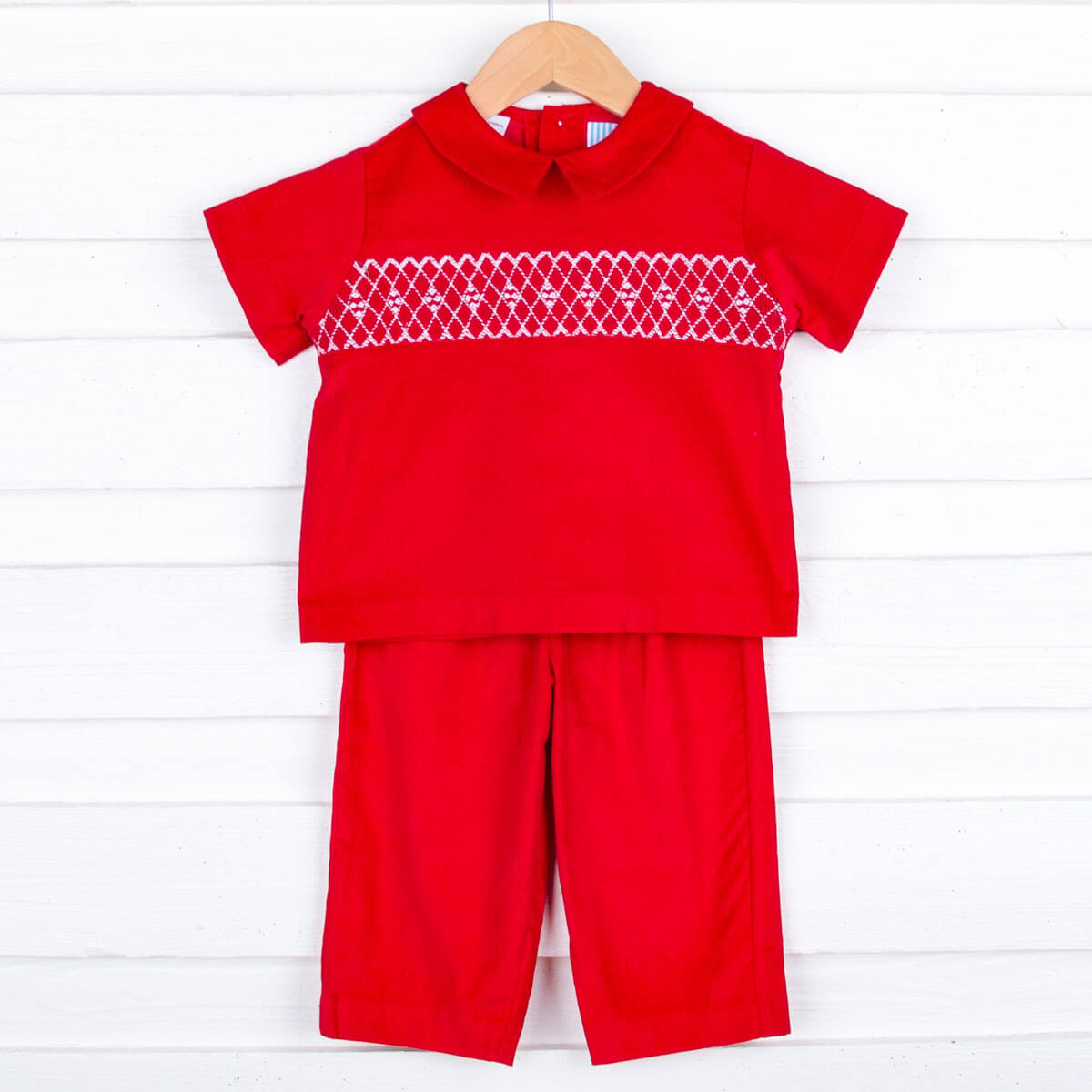 Red Corduroy Smocked Geo Collared Pant Set