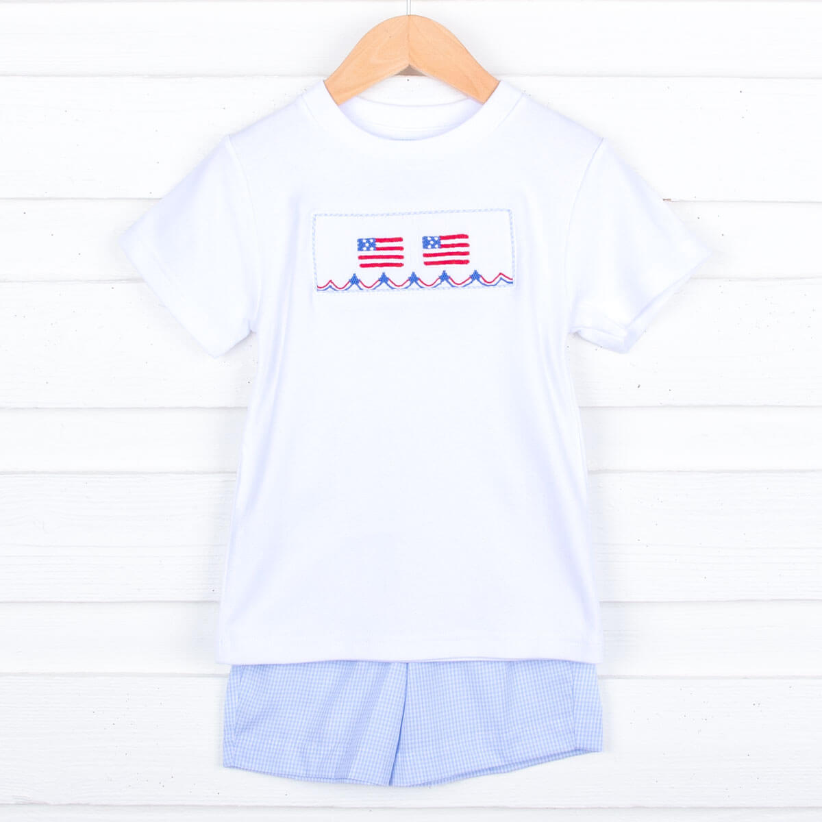 Light Blue Gingham Flag Smocked Short Set