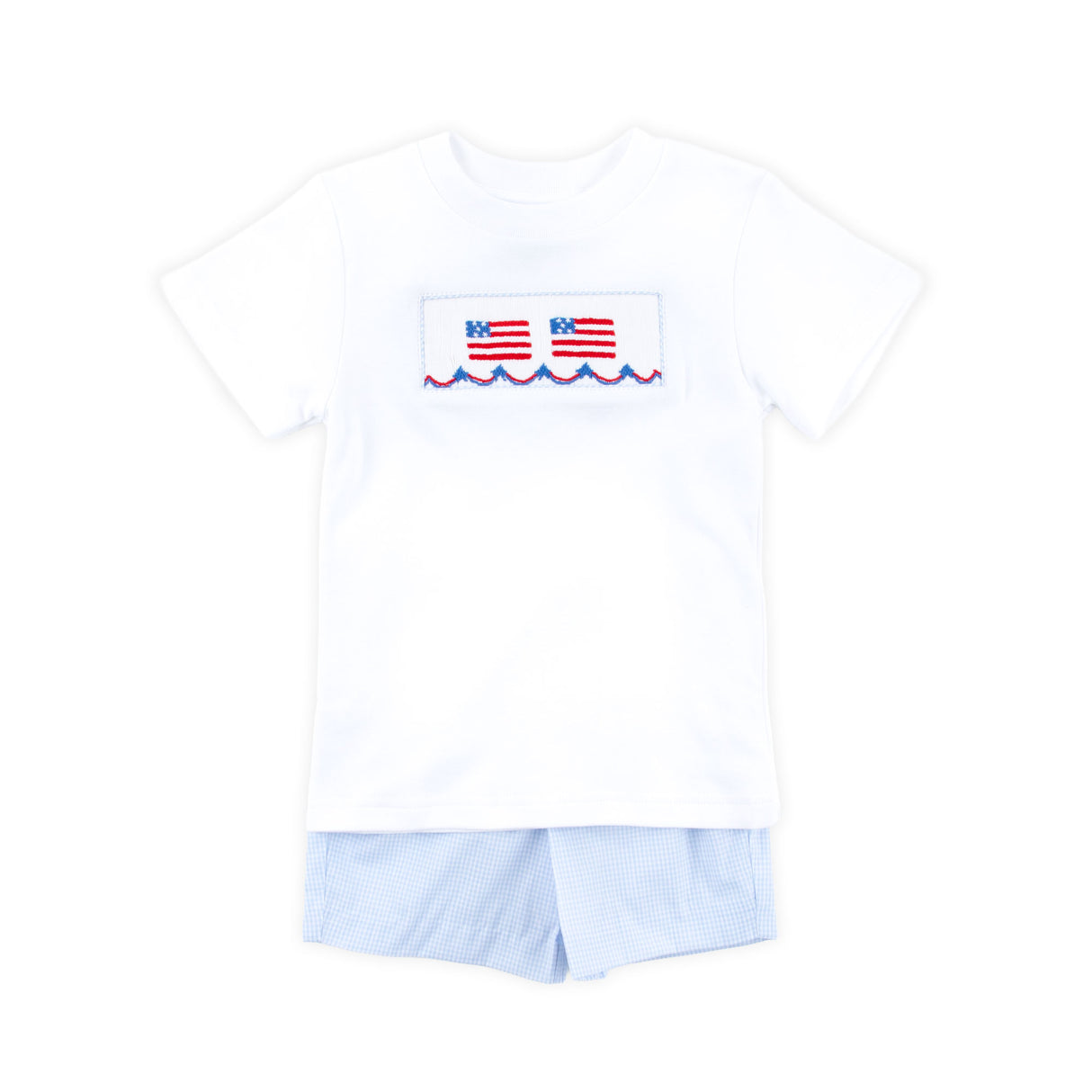 Light Blue Gingham Flag Smocked Short Set