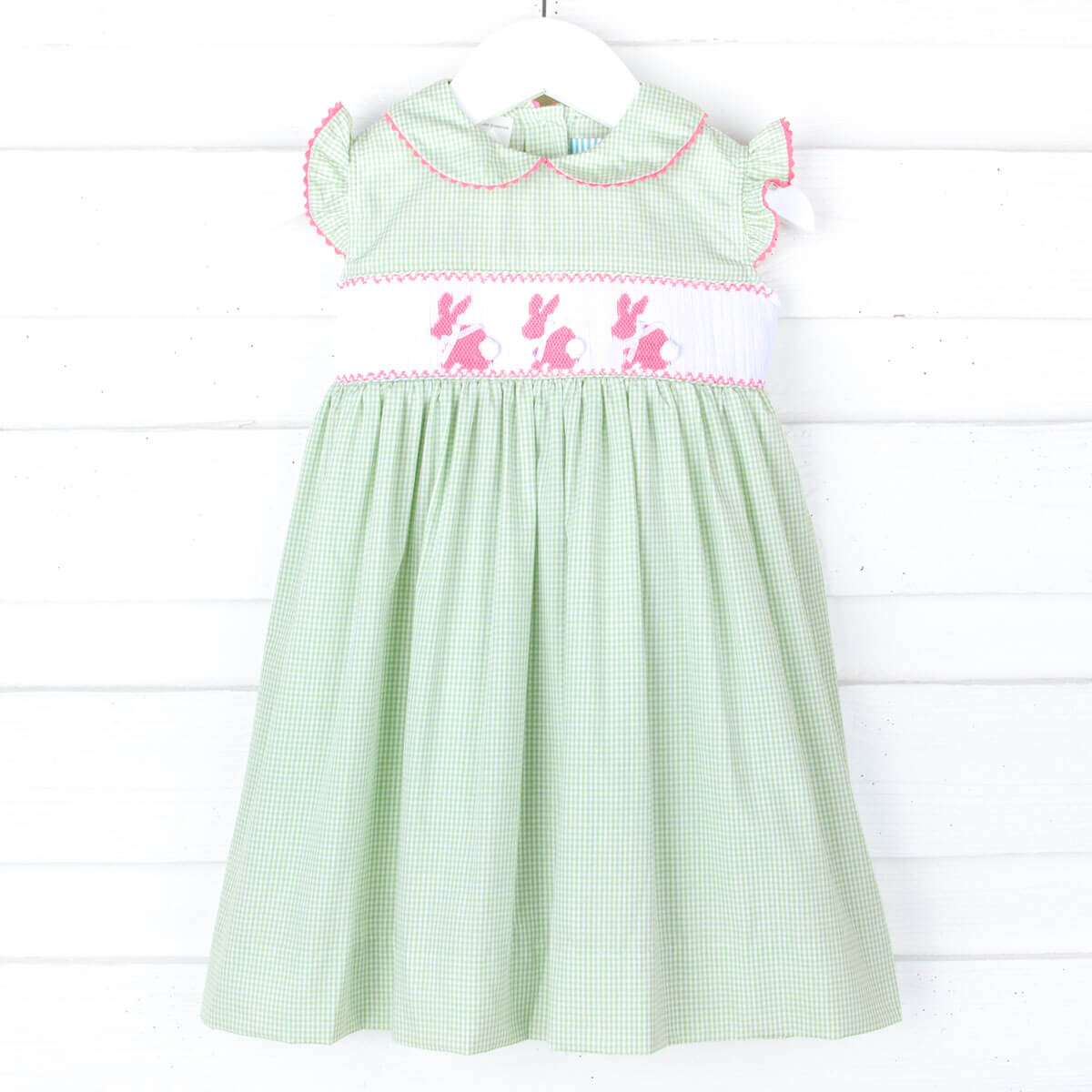 Happy Bunny Light Green Gingham Smocked Collared Dress