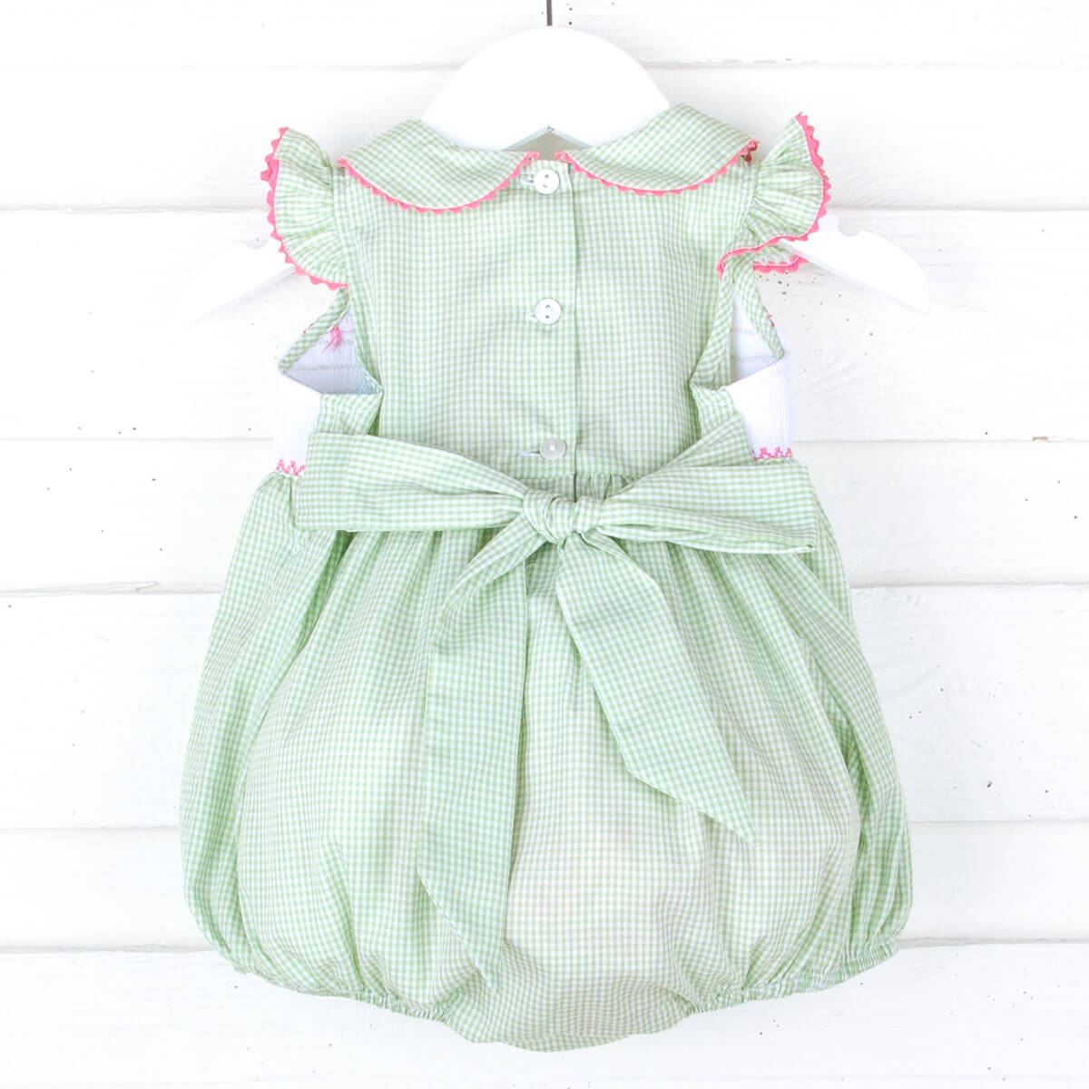 Happy Bunny Light Green Gingham Smocked Collared Bubble