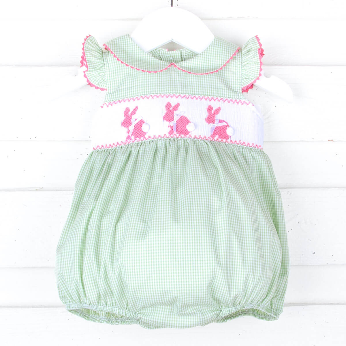 Happy Bunny Light Green Gingham Smocked Collared Bubble