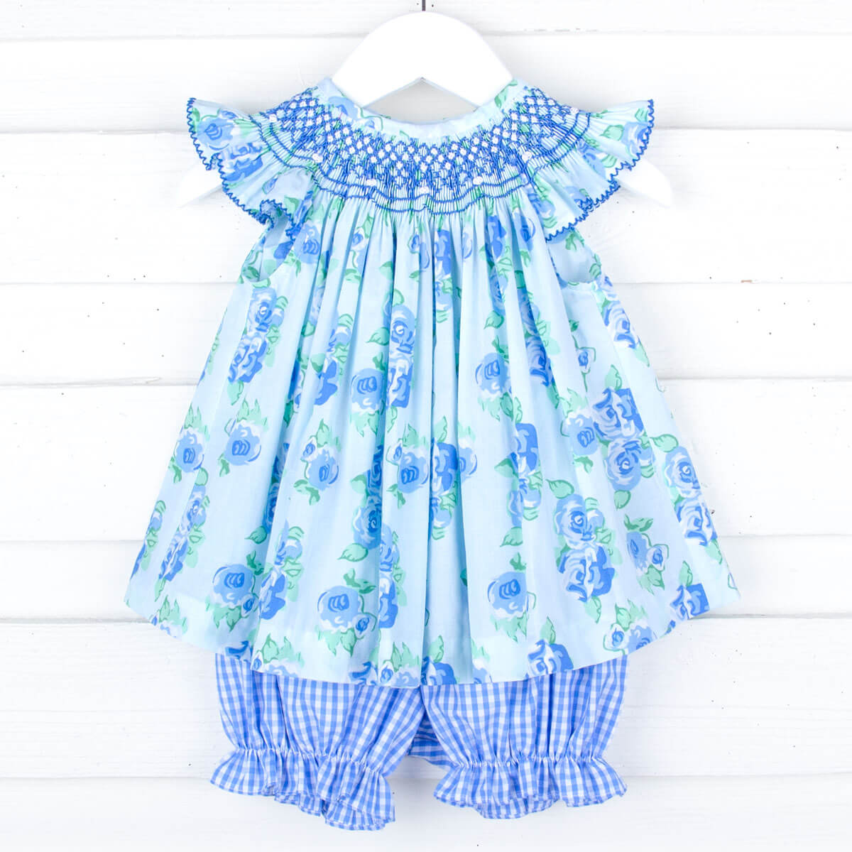 Happy Spring Blue Floral Smocked Bloomer Set