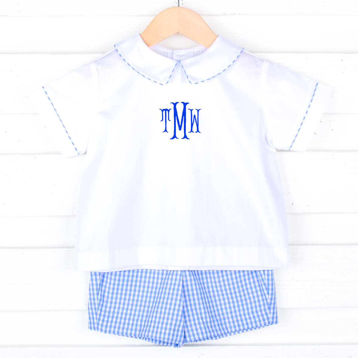 White & Blue Gingham Collared Short Set