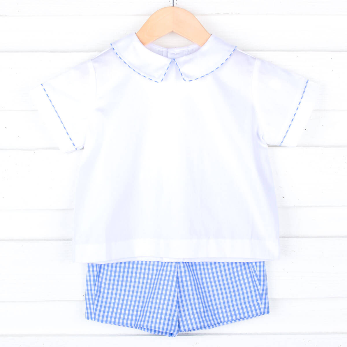 White & Blue Gingham Collared Short Set