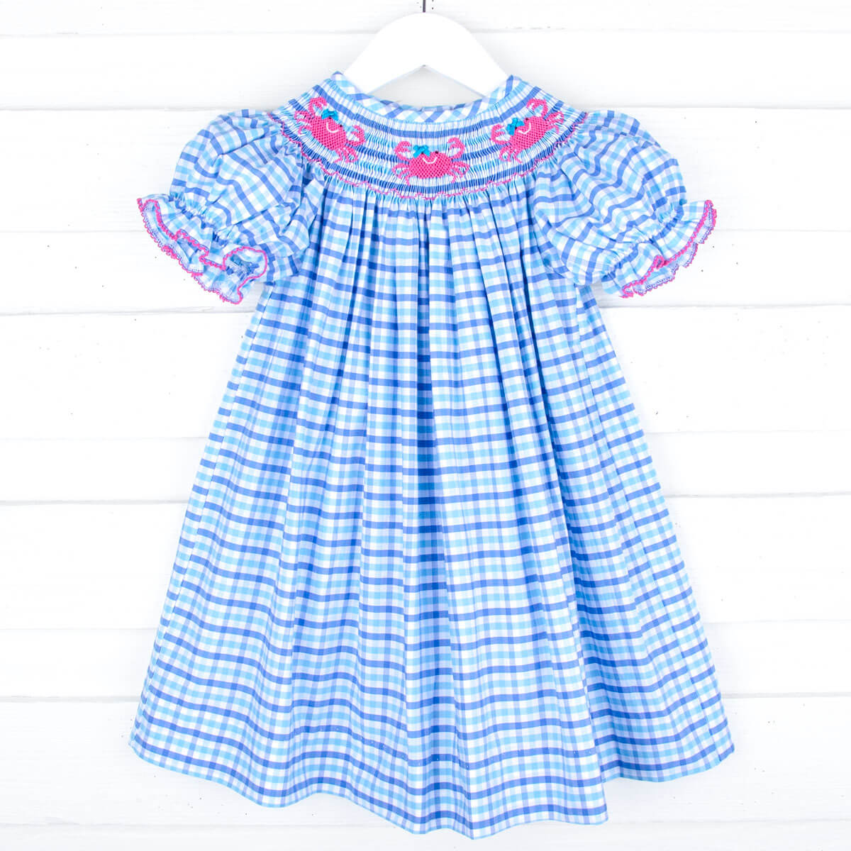 Crab Smocked Blue Plaid Dress