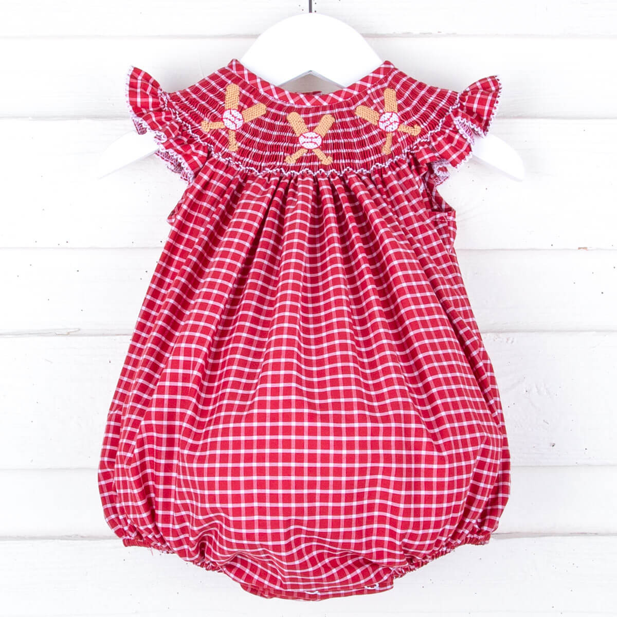 Baseball Smocked Red Plaid Bubble