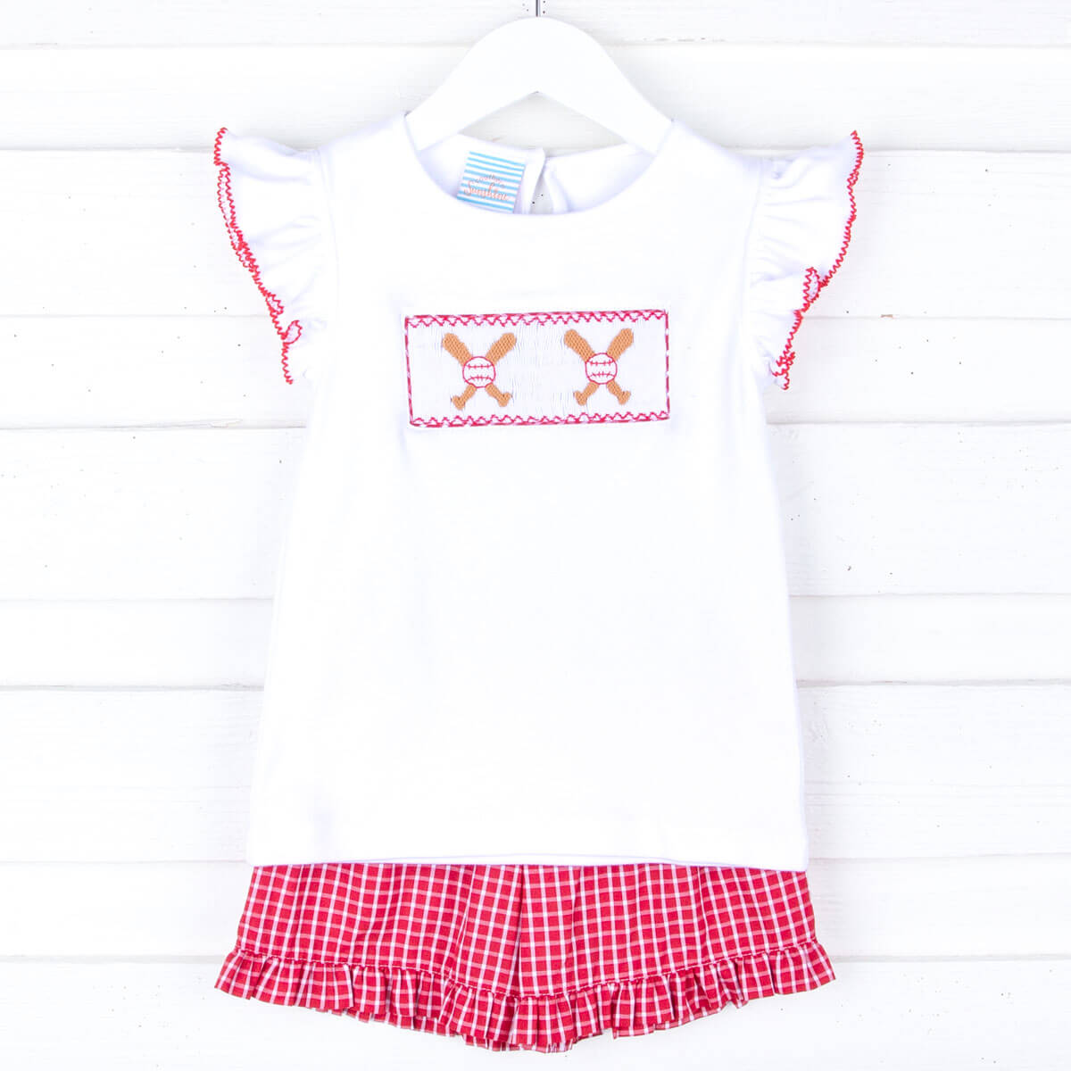 Baseball Smocked Red Plaid Short Set