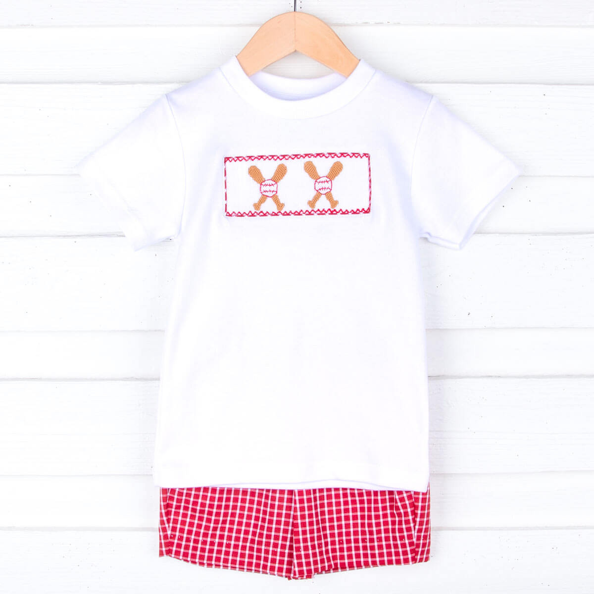 Baseball Smocked Red Plaid Boy Short Set