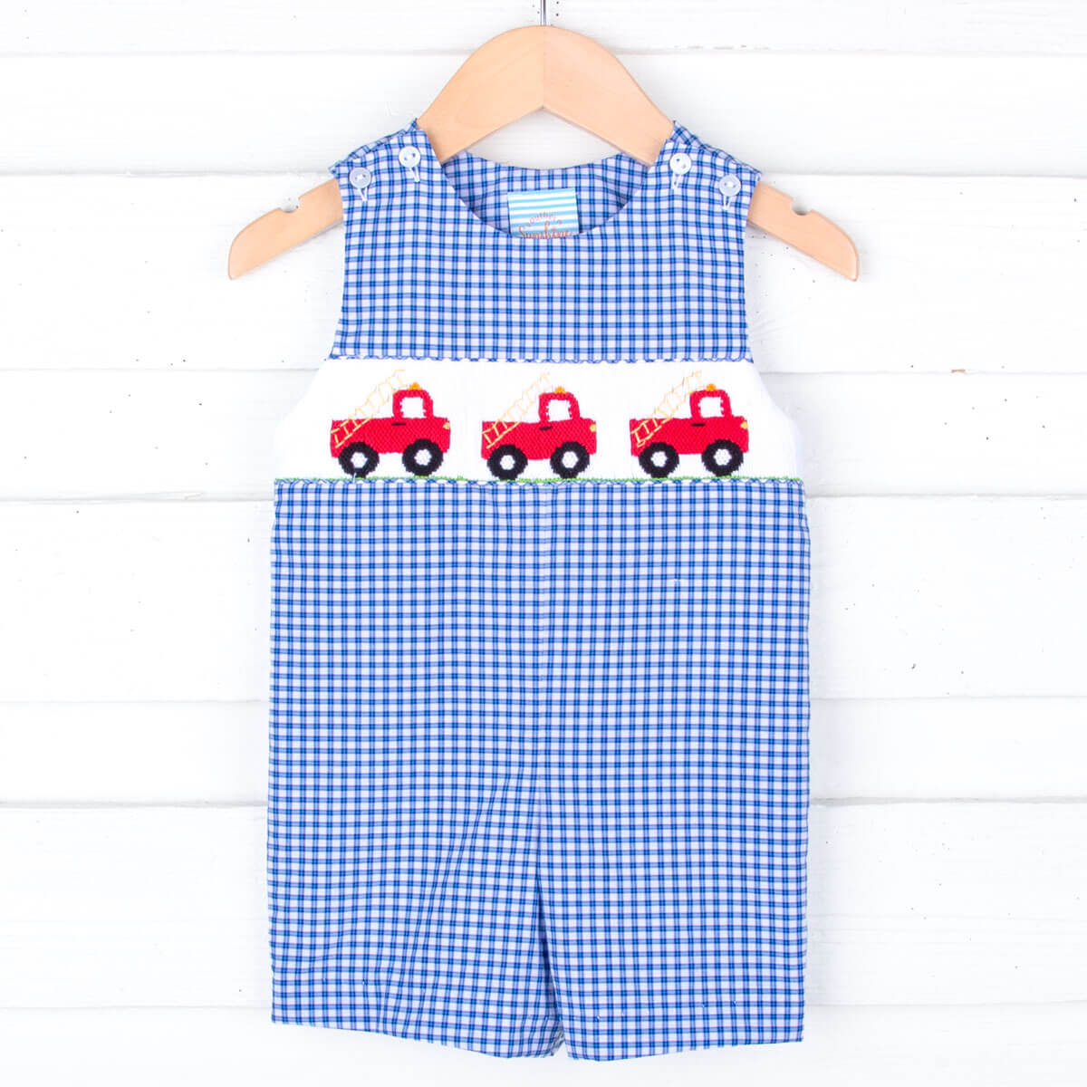 Fire Truck Blue Plaid Smocked Jon Jon
