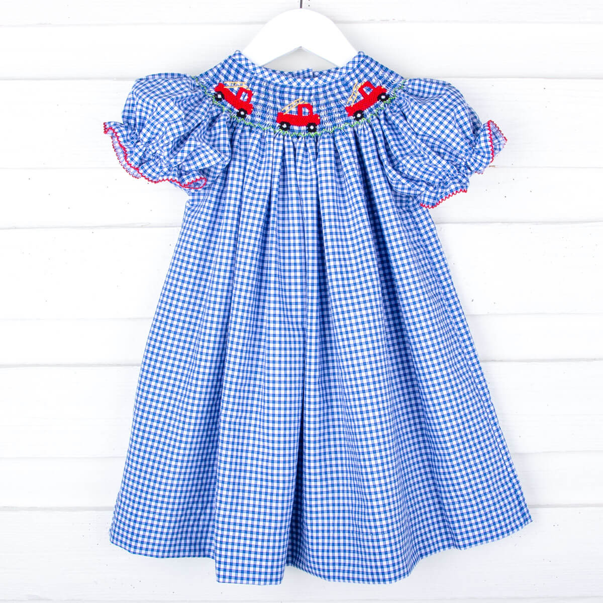Fire Truck Blue Plaid Smocked Bishop Dress