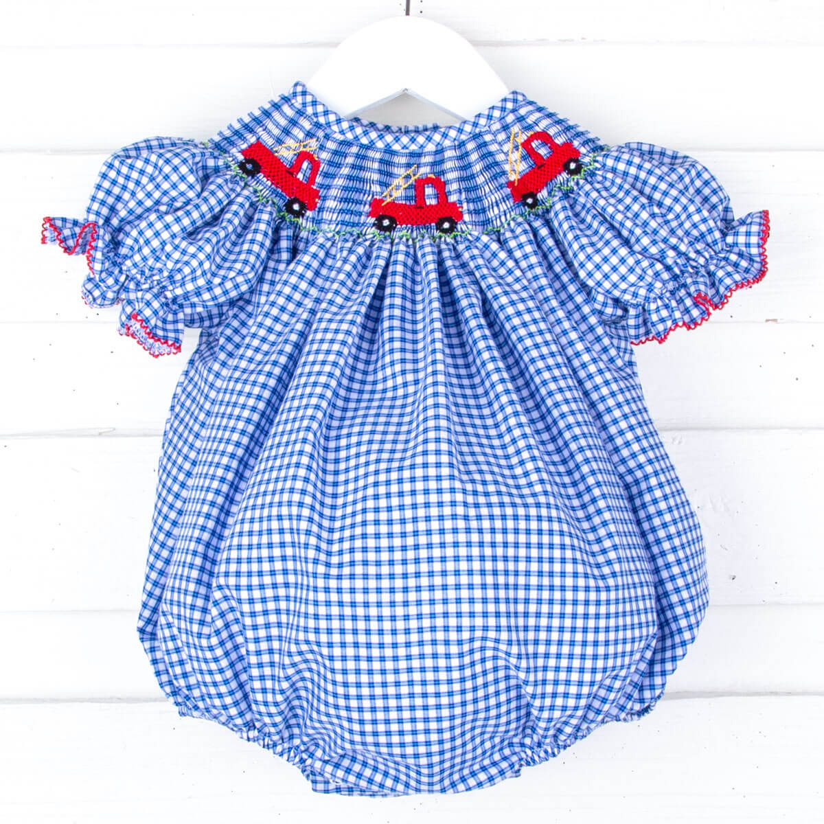 Fire Truck Blue Plaid Smocked Bubble