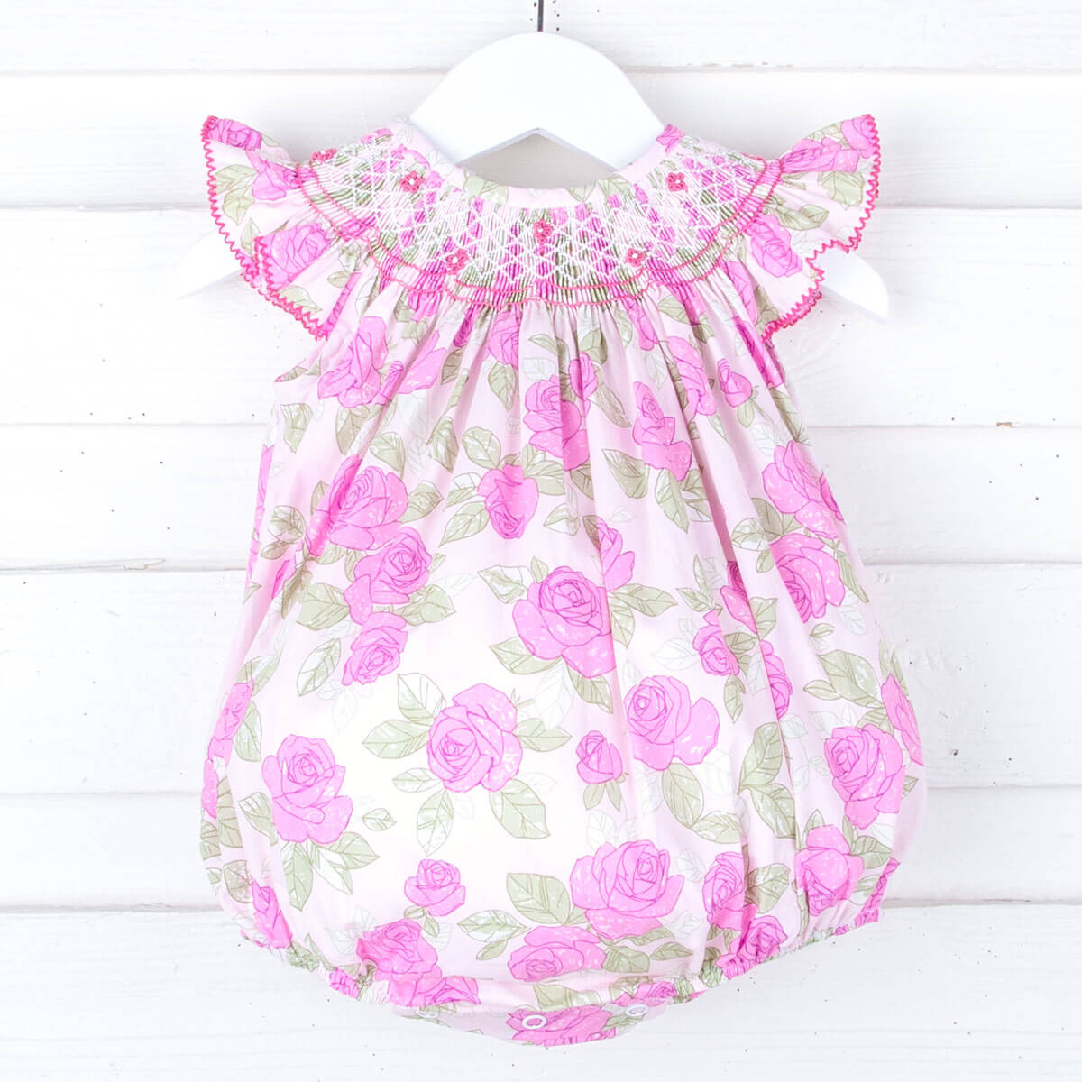 Pink Rose Smocked Angel Sleeve Bubble