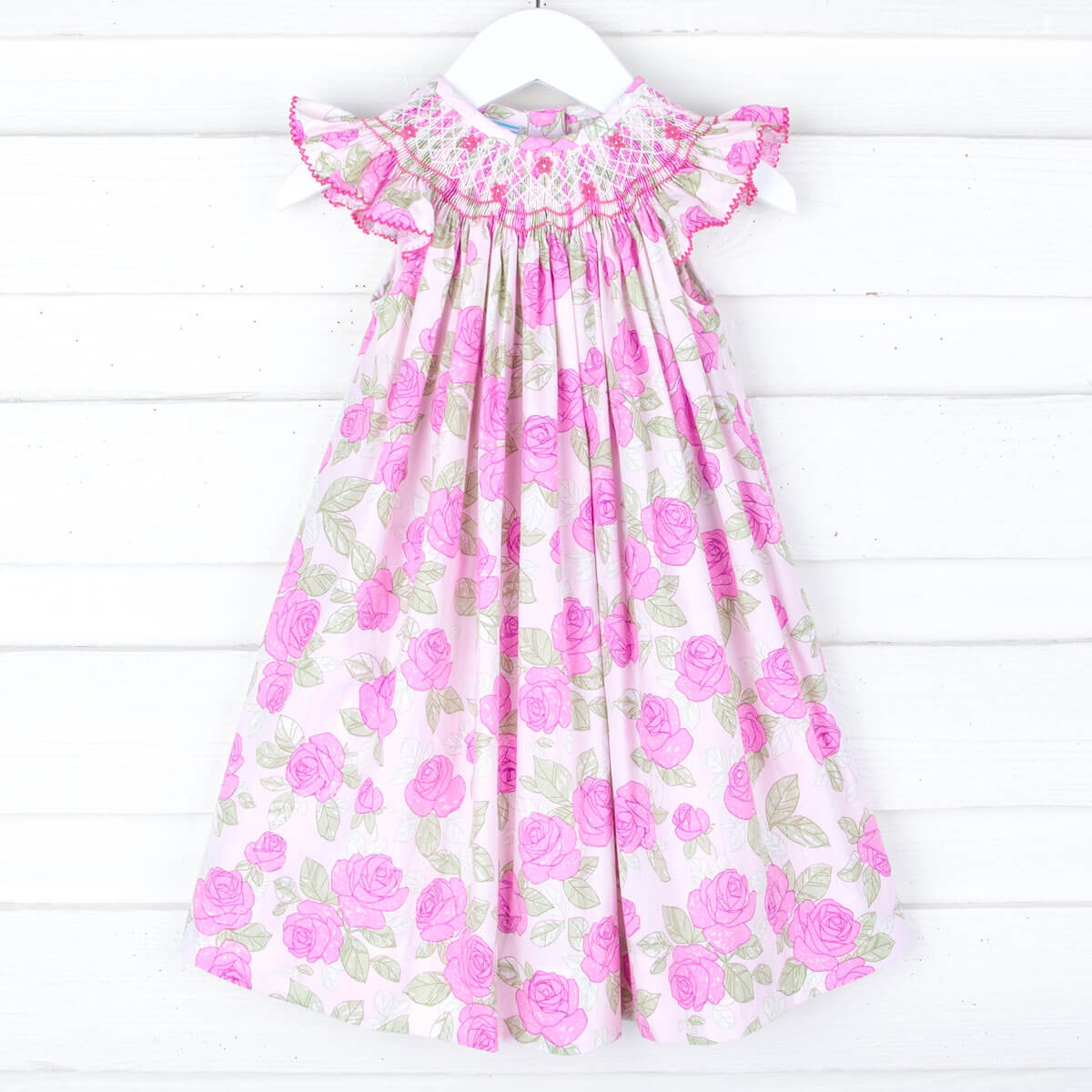 Pink Rose Smocked Angel Sleeve Dress