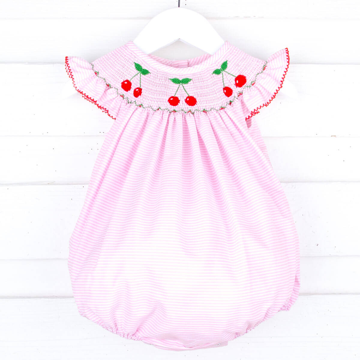 Pink Stripe Cherry Smocked Bubble