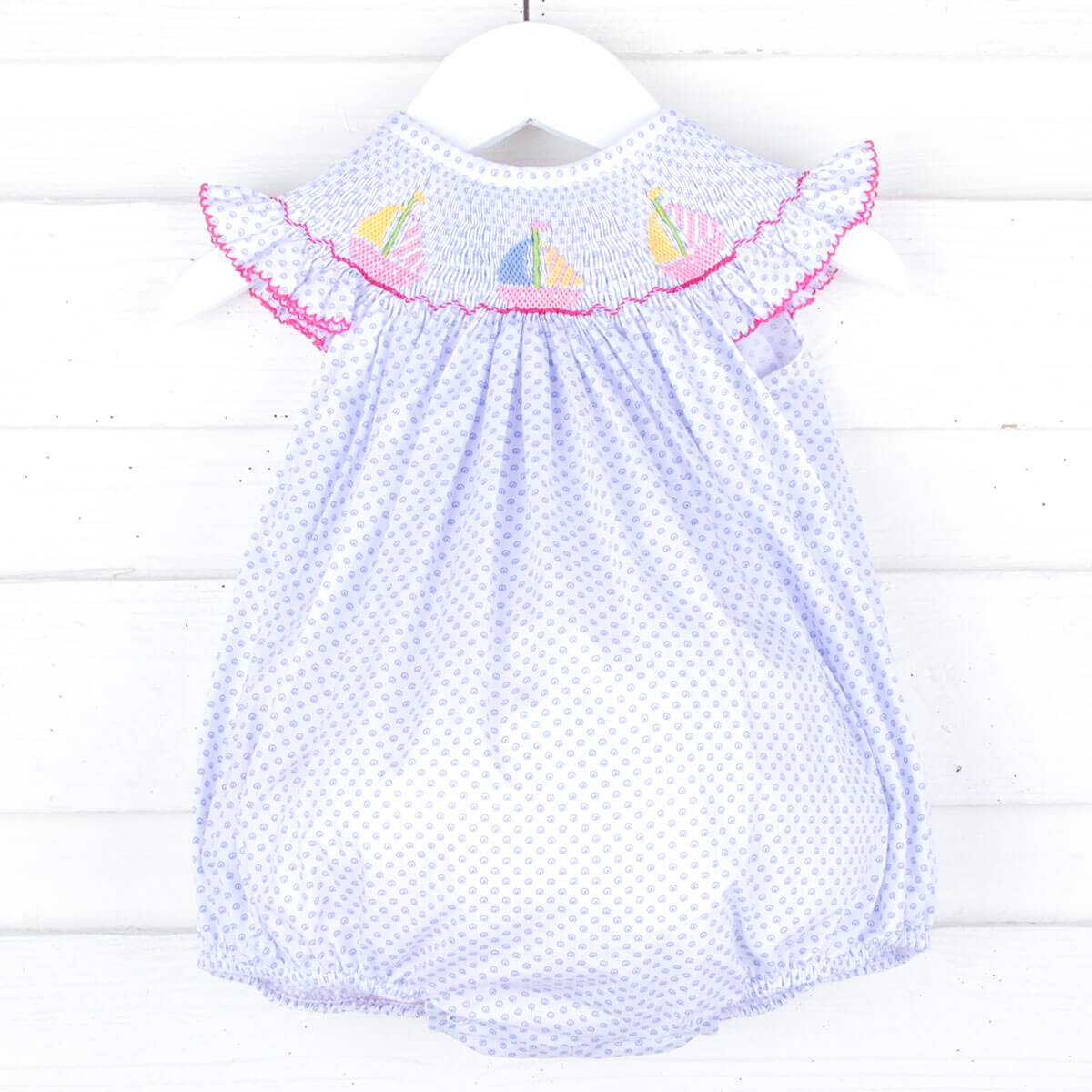 Sailboat Blue Dot Smocked Angel Sleeve Bubble