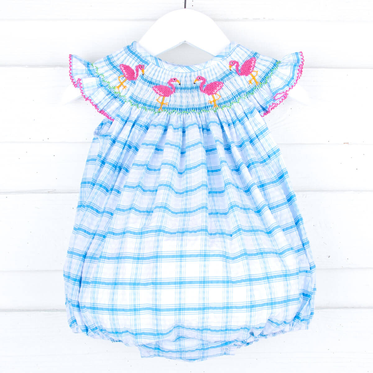 Flamingo Turquoise Plaid Smocked Bubble